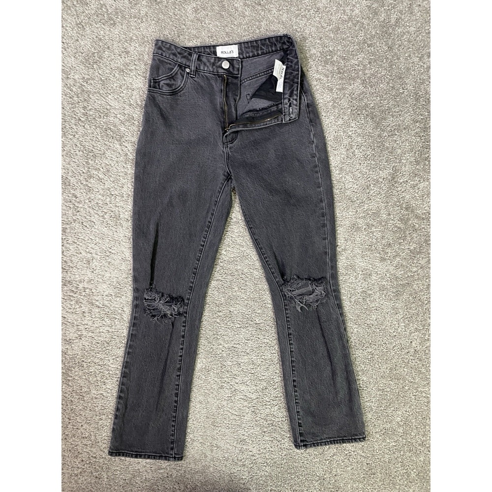 Rollas Women's High Rise Straight Jeans Size‎ 26 Black DISTRESSED STRETCH